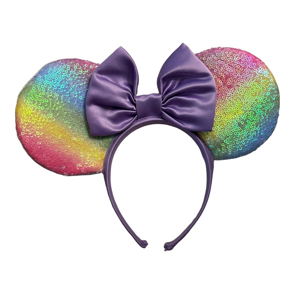 Disney Minnie Mouse Ears Headband Bow Rainbow Sequin Lavender Satin